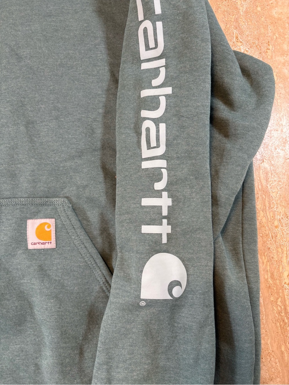 Carhartt Mens XL Loose Fit Sleeve Graphic Logo Hoodie Sweatshirt Heather Green - Picture 2 of 5